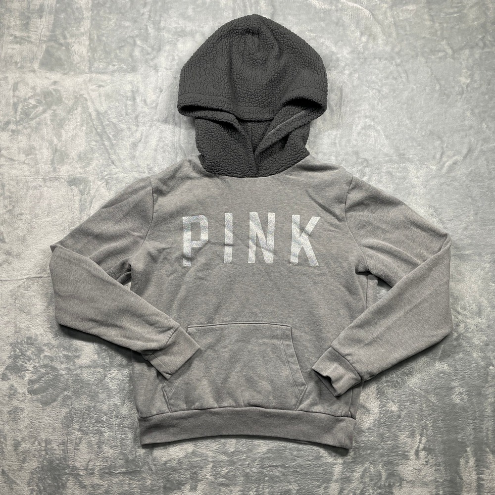 PINK Victoria's Secret Gray Sherpa Lined Hoodie Sweatshirt Women's Size Small